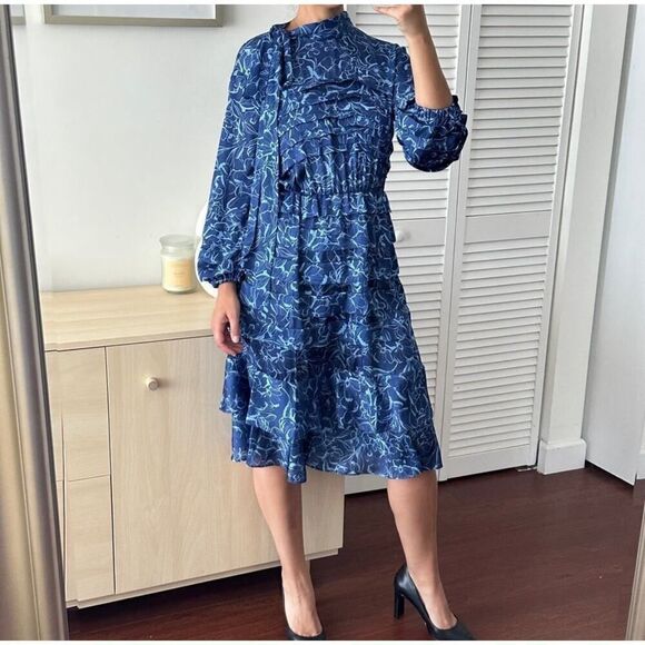 Sachin & Babi Dress Womens 2 Brielle Floral Print Tiered Tie Neck Satin Midi - Picture 3 of 16